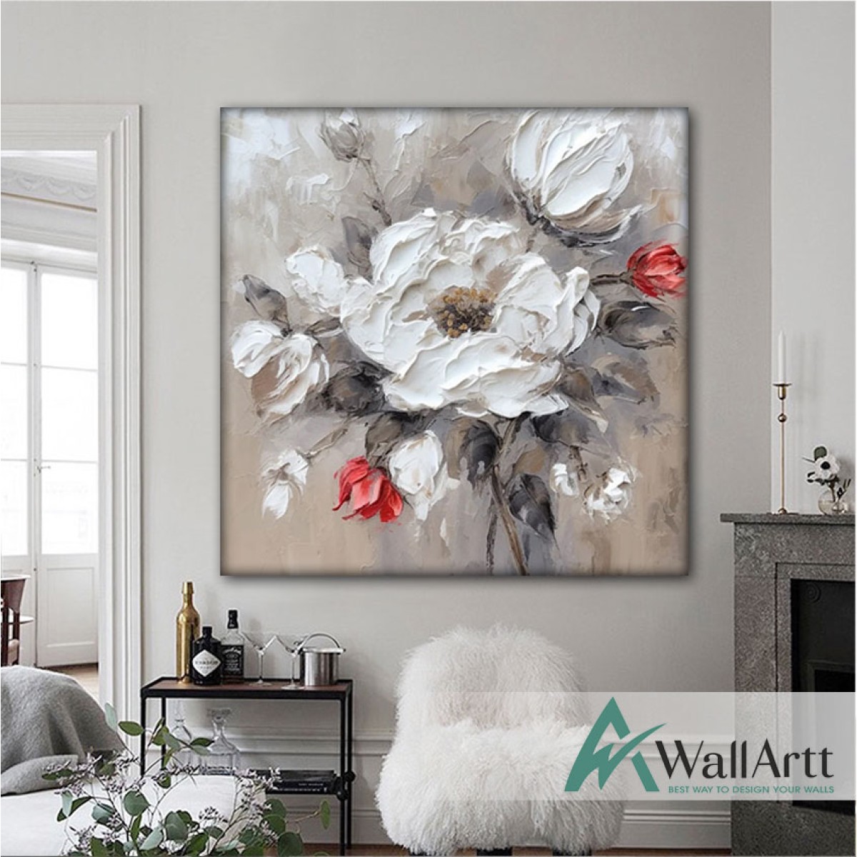 Red White Flowers 3d Heavy Textured Partial Oil Painting